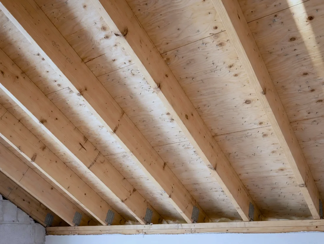 Empty roof-deck bays before open-or-closed spray foam, joists wood